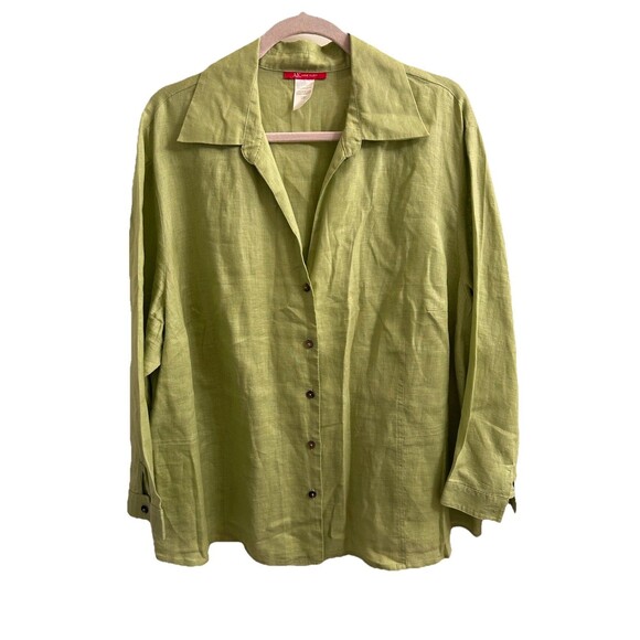 Anne Klein Women`s 100% Linen Button-up Tunic Top Green 24W Relaxed Boho - Picture 1 of 4